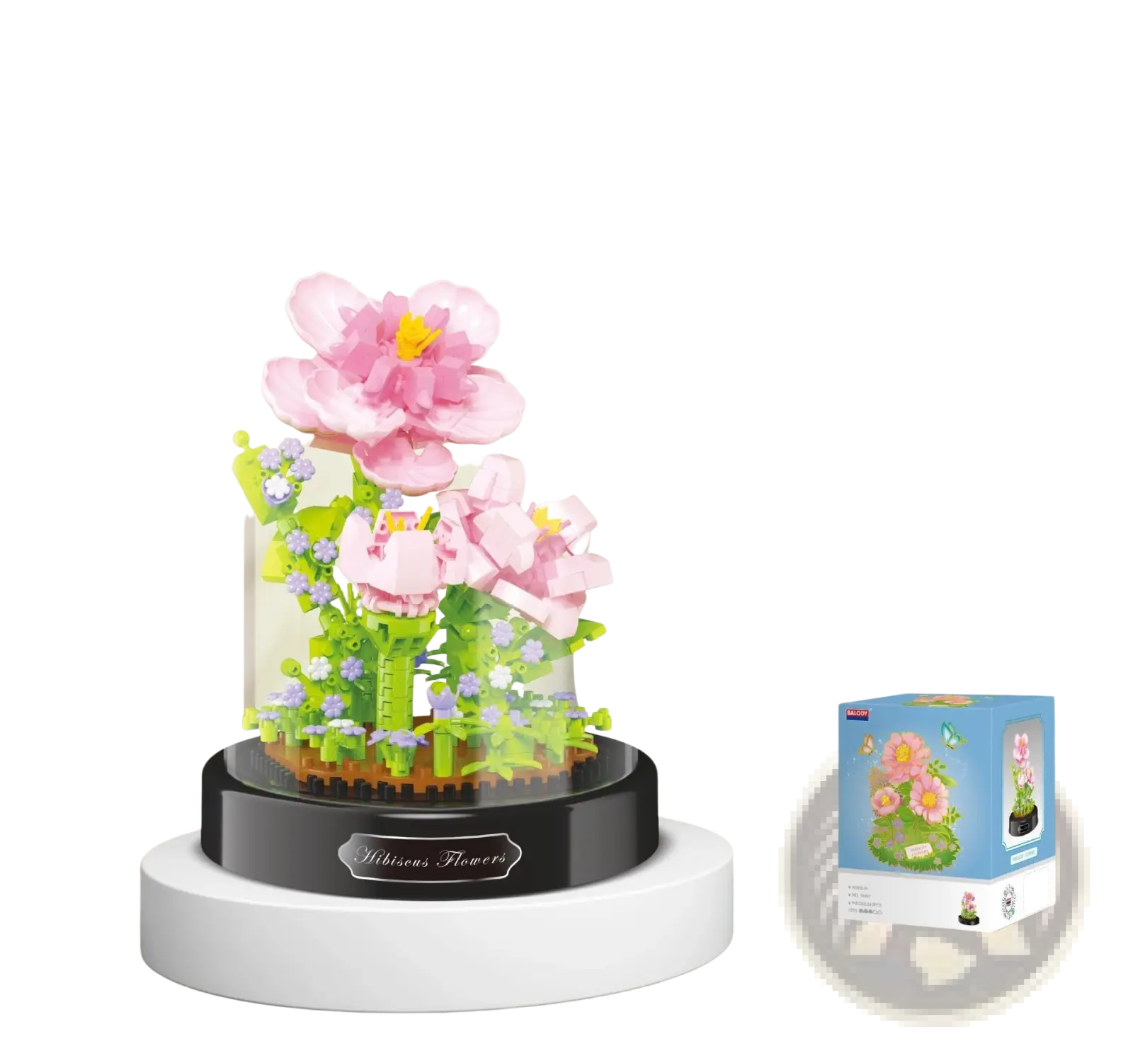 Floral building block bouquet featuring pink hibiscus flowers made of interlocking plastic bricks under a glass dome