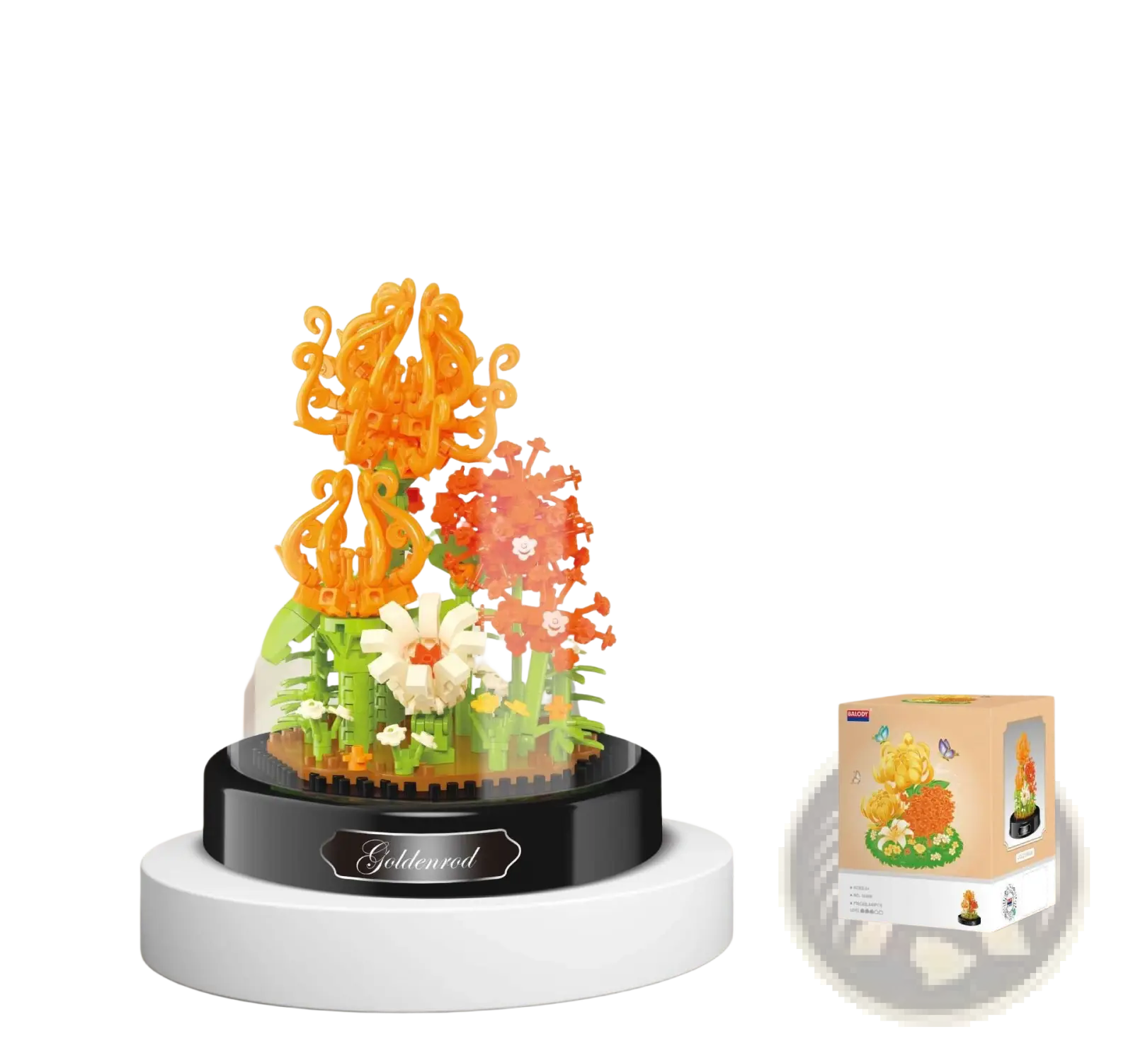A vibrant floral building block bouquet made of colorful plastic bricks displayed under a clear glass dome