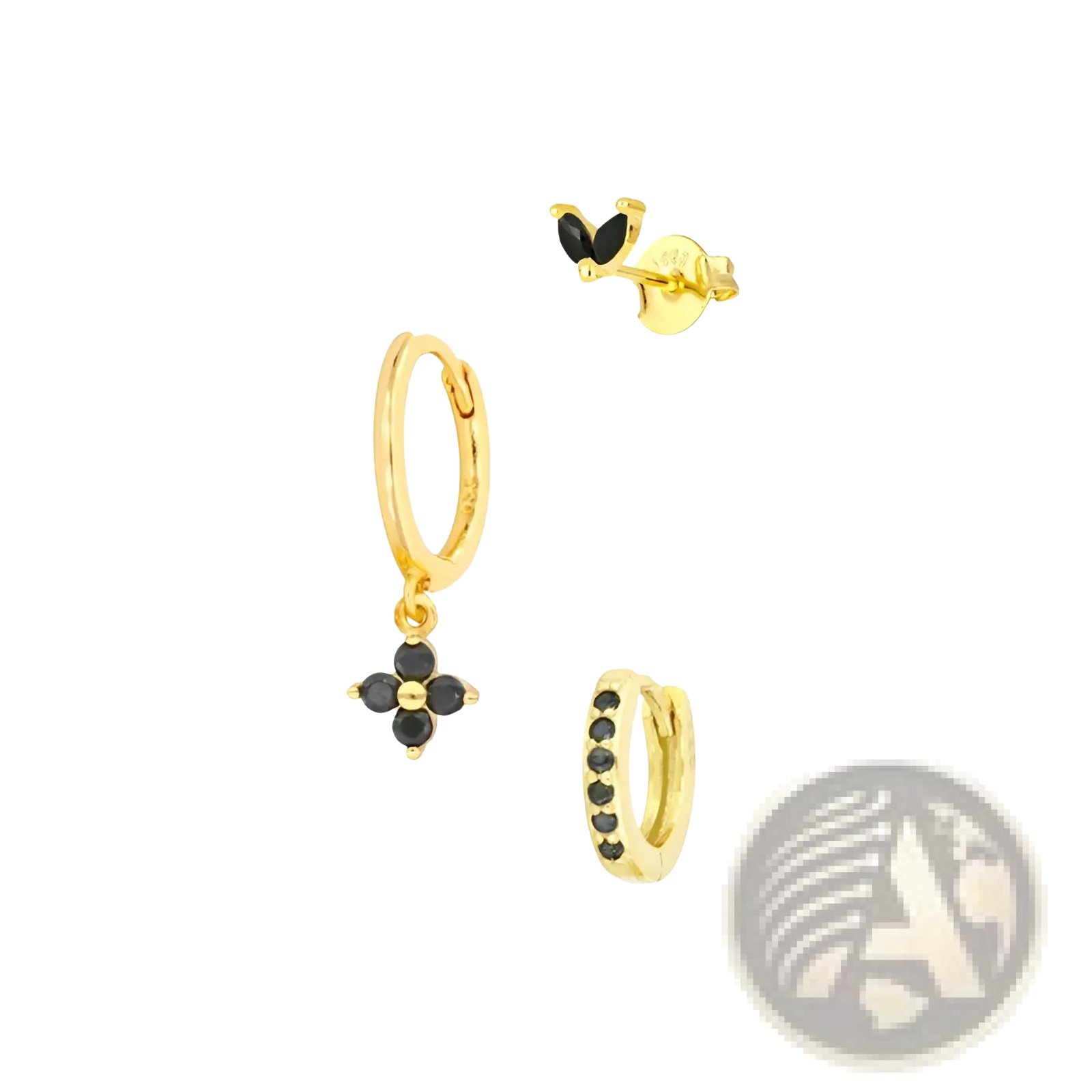 Gold-toned huggie hoop earrings with black gemstones and a dangling four-petal flower with beaded edge detailing