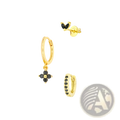 Gold-toned floral and butterfly huggie hoop earrings adorned with black gemstone accents in linear design