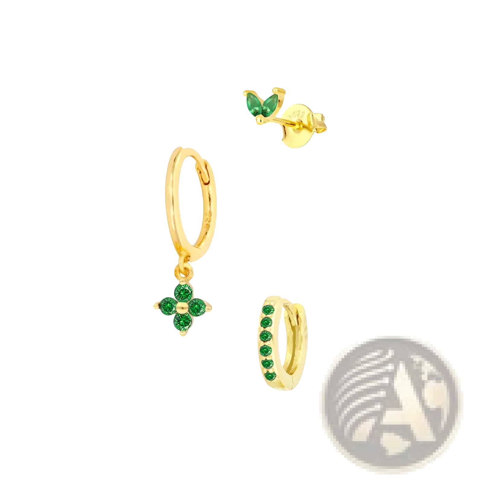 Floral and butterfly gold hoop earrings with green gemstones featuring butterfly and four-petal flower motifs