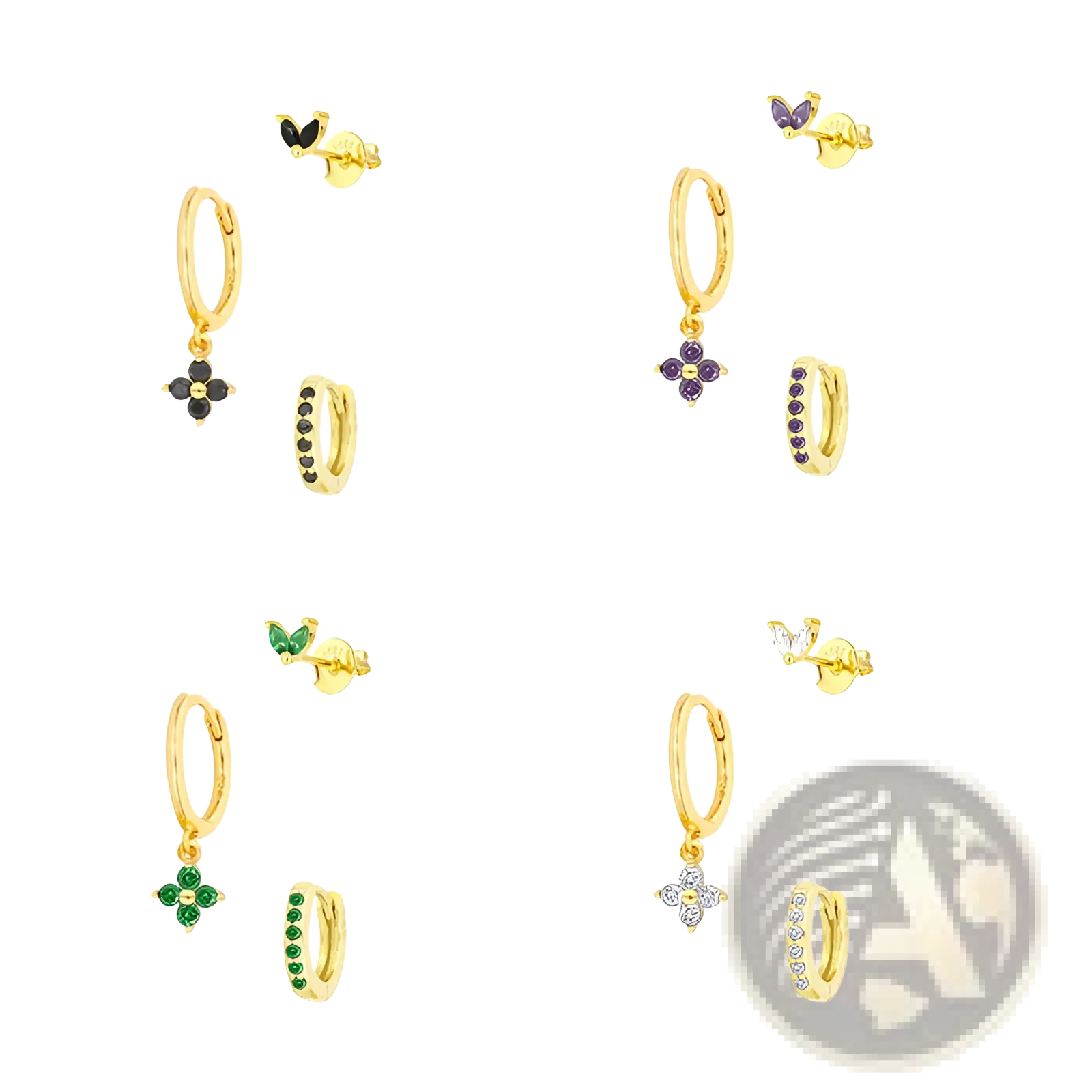Gold-toned floral and butterfly huggie hoop earrings with dangling black purple green and clear gemstone charms