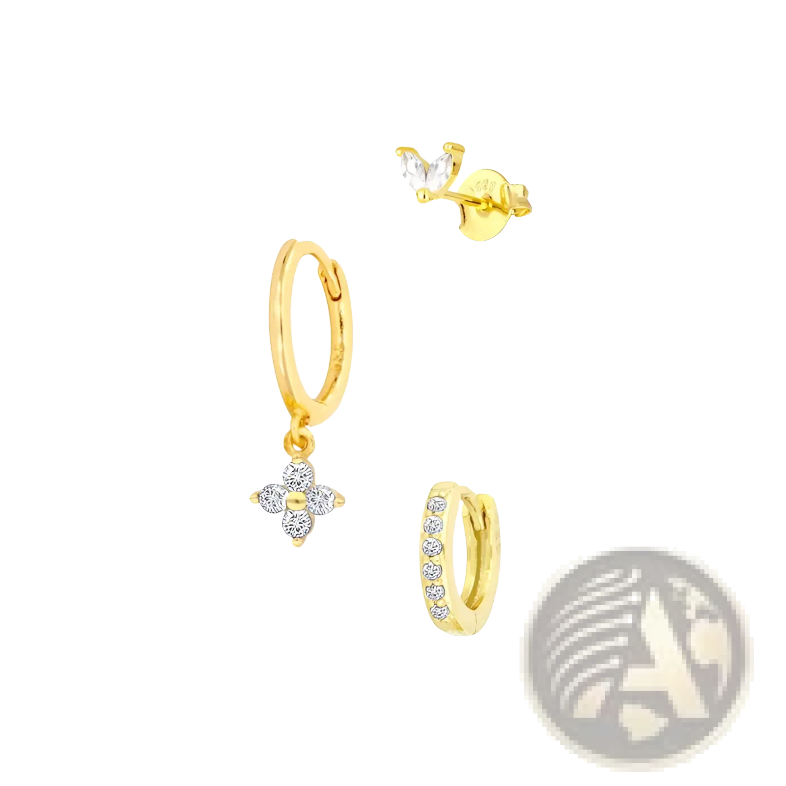 Gold-colored huggie hoop earrings with delicate flower charm and pave-set design from floral and butterfly gold set