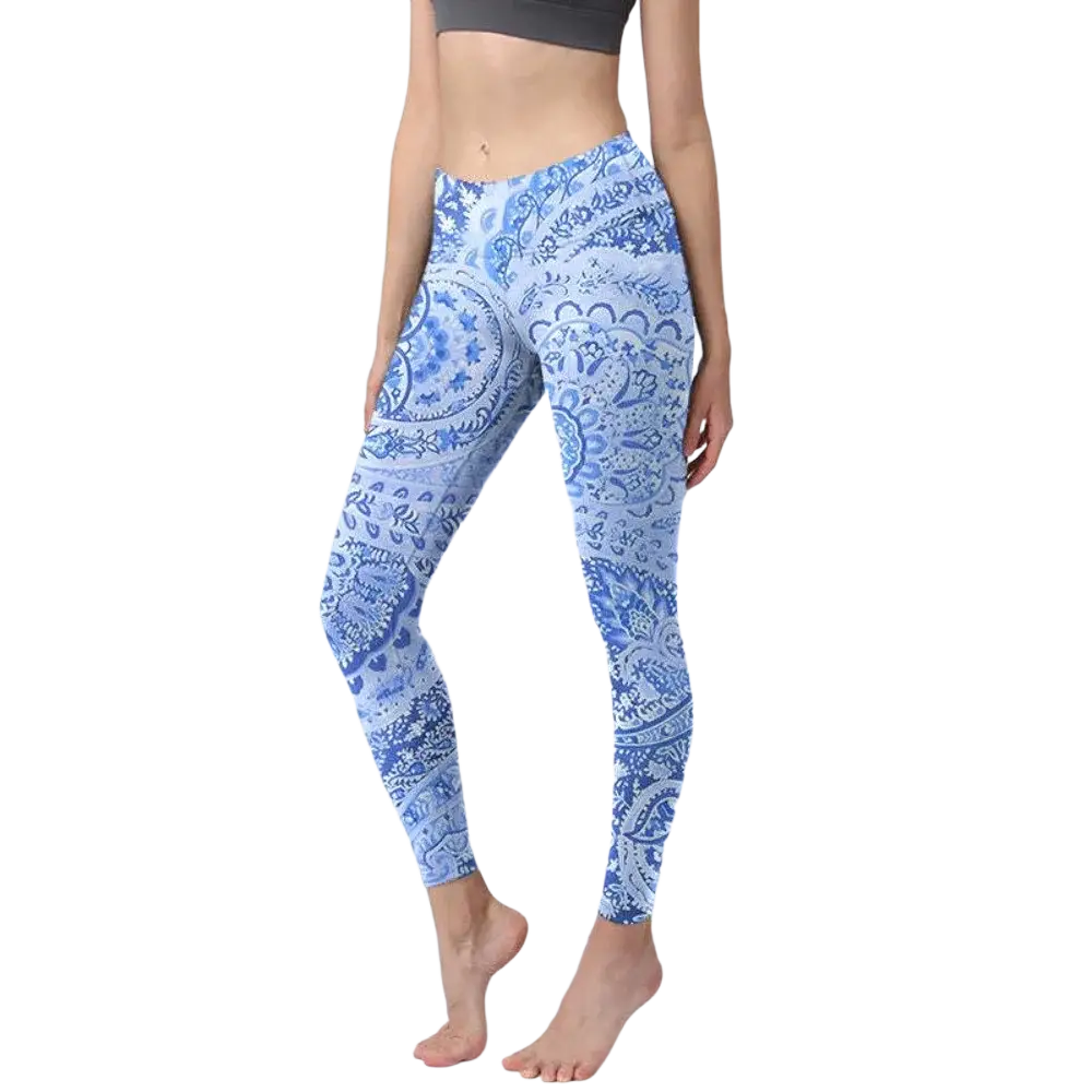 Floral butterfly print high waisted yoga leggings in blue and white paisley pattern for comfortable activewear
