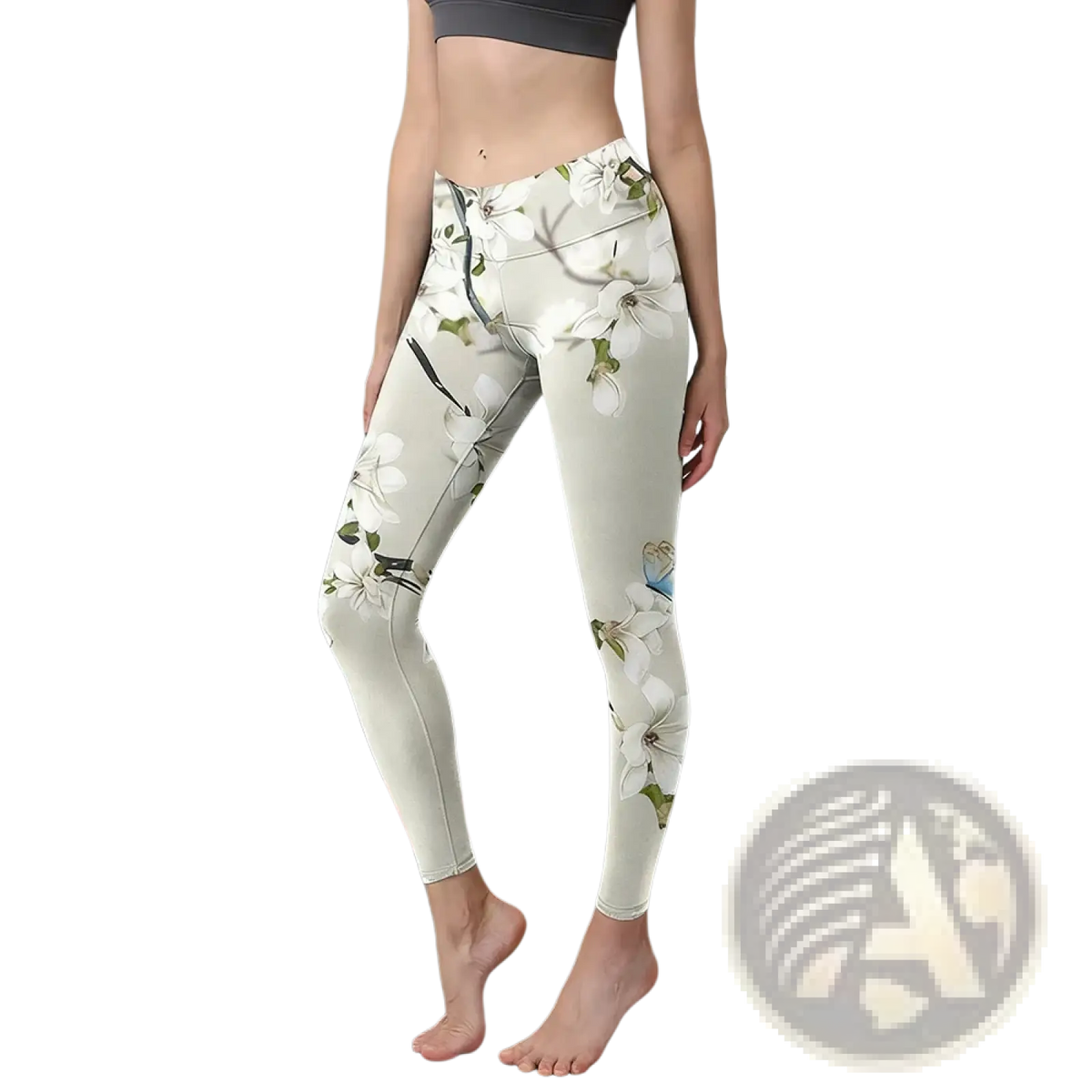 Cream-colored high waisted yoga leggings with delicate white floral and green leaf pattern for activewear use