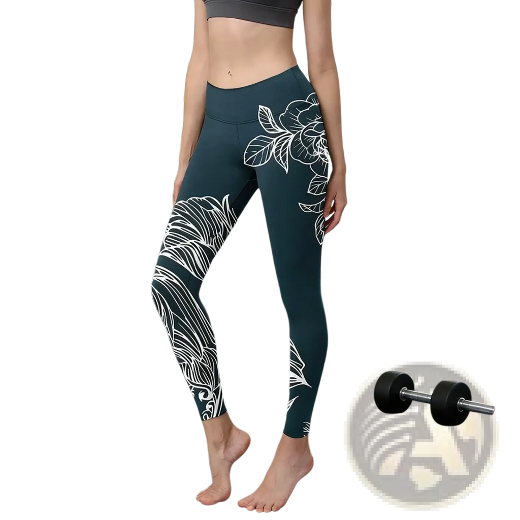 Dark green high waisted yoga leggings with white floral and leaf patterns designed for comfort and flexibility