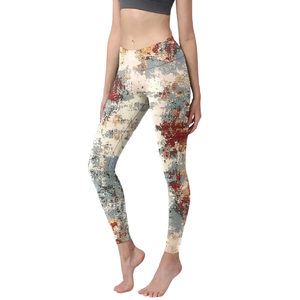 Floral butterfly print high waisted yoga leggings with distressed floral pattern in muted reds creams and grays