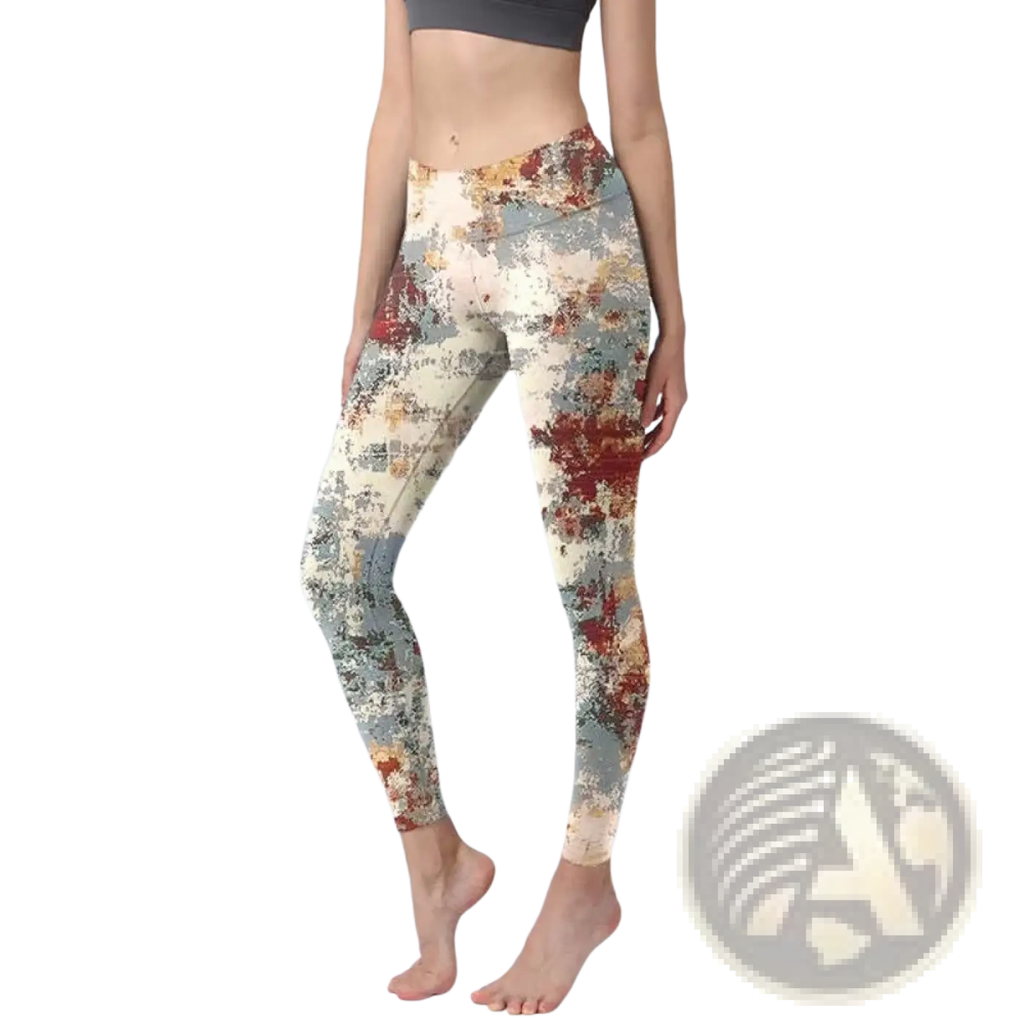 Floral butterfly print high waisted yoga leggings with distressed floral pattern in muted reds creams and grays
