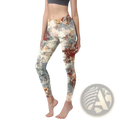 Floral butterfly print high waisted yoga leggings with distressed floral pattern in muted reds creams and grays
