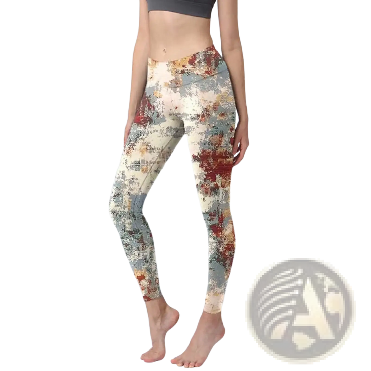 Floral butterfly print high waisted yoga leggings with distressed floral pattern in muted reds creams and grays