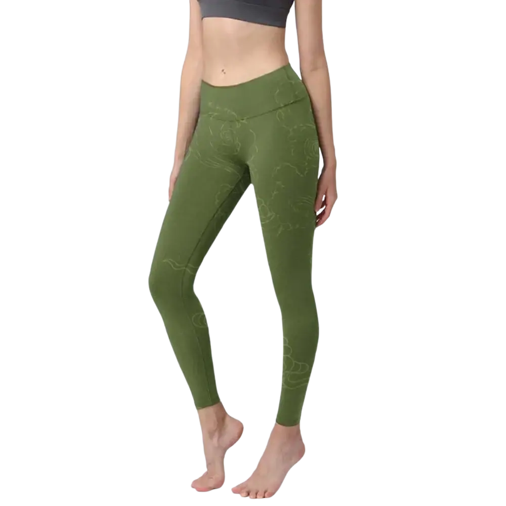 Olive green high waisted yoga leggings with subtle floral butterfly embroidery designed for comfort and flexibility