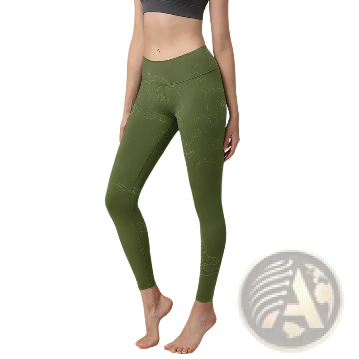 Olive green high waisted yoga leggings with subtle light green floral butterfly embroidery for activewear