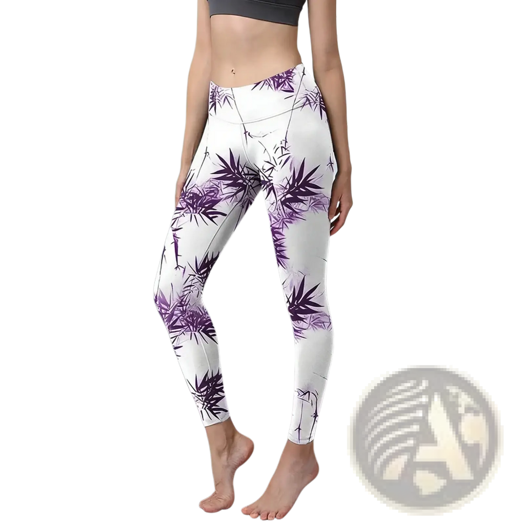 White high waisted yoga leggings with vibrant purple bamboo leaf pattern designed for floral butterfly print style