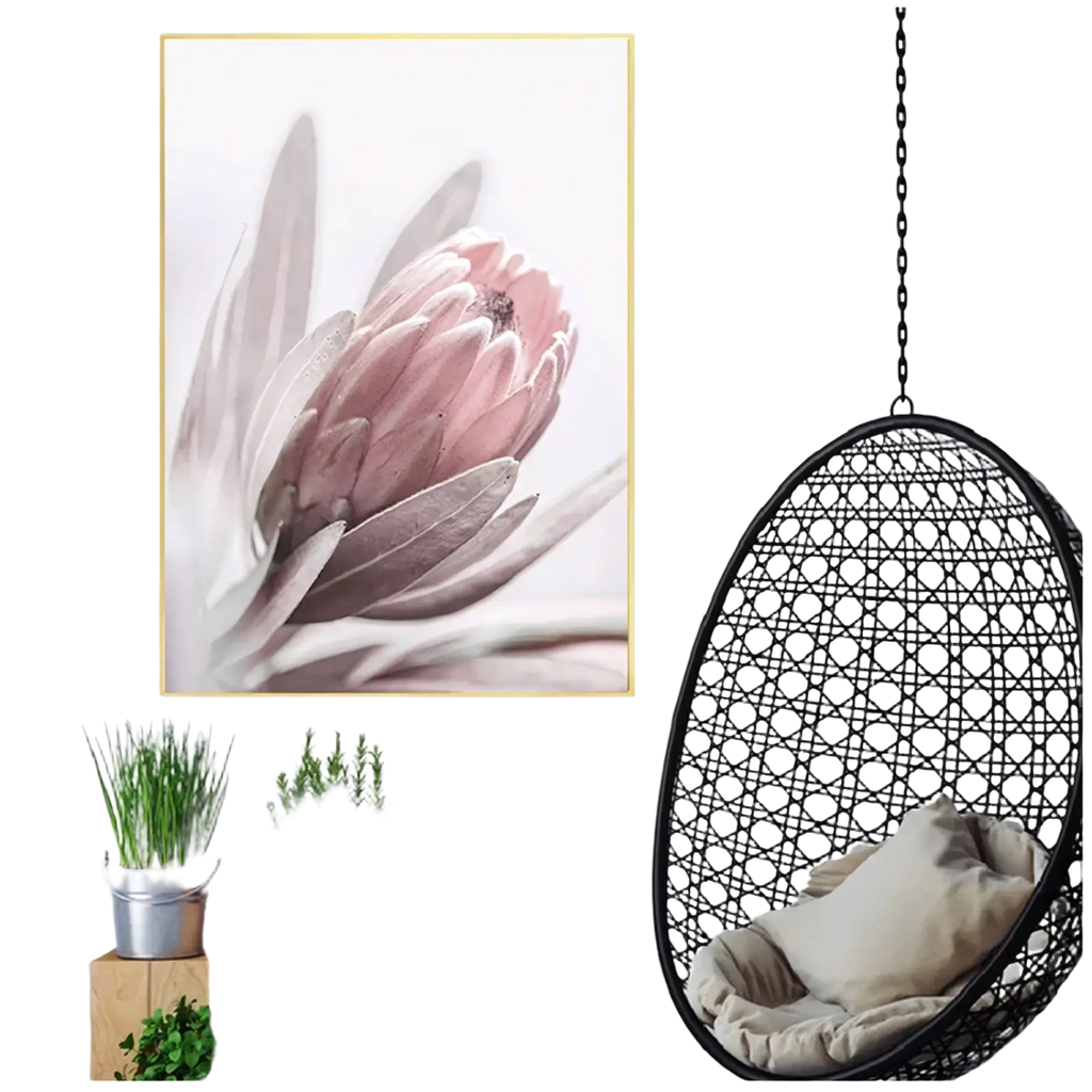 A framed floral canvas wall art featuring a soft pink protea flower with layered petals and muted grayish tones
