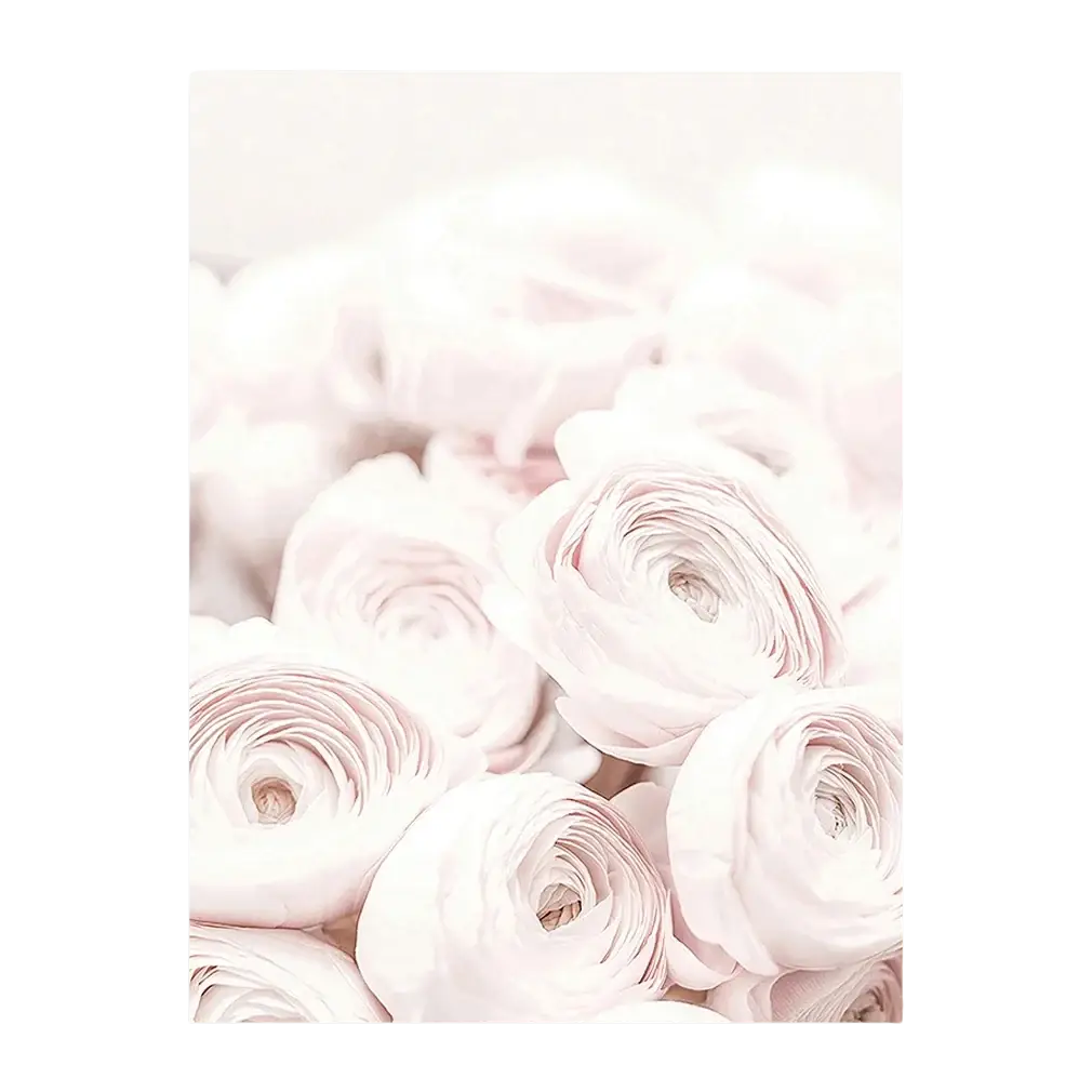 A soft pink ranunculus flower canvas print with delicate layered petals in a floral canvas wall art peony prints set
