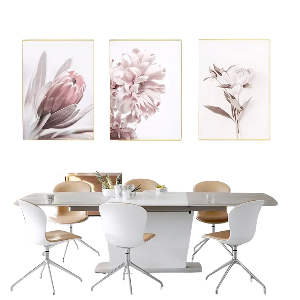 Three framed floral canvas wall art peony prints with delicate pink and beige blossoms in gold frames