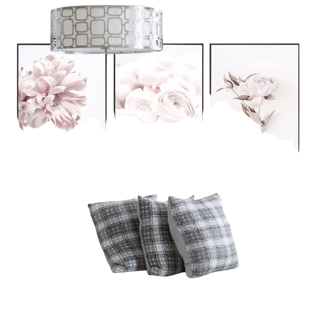 Three framed floral canvas wall art pieces with soft pink and white peony prints in minimalist black frames