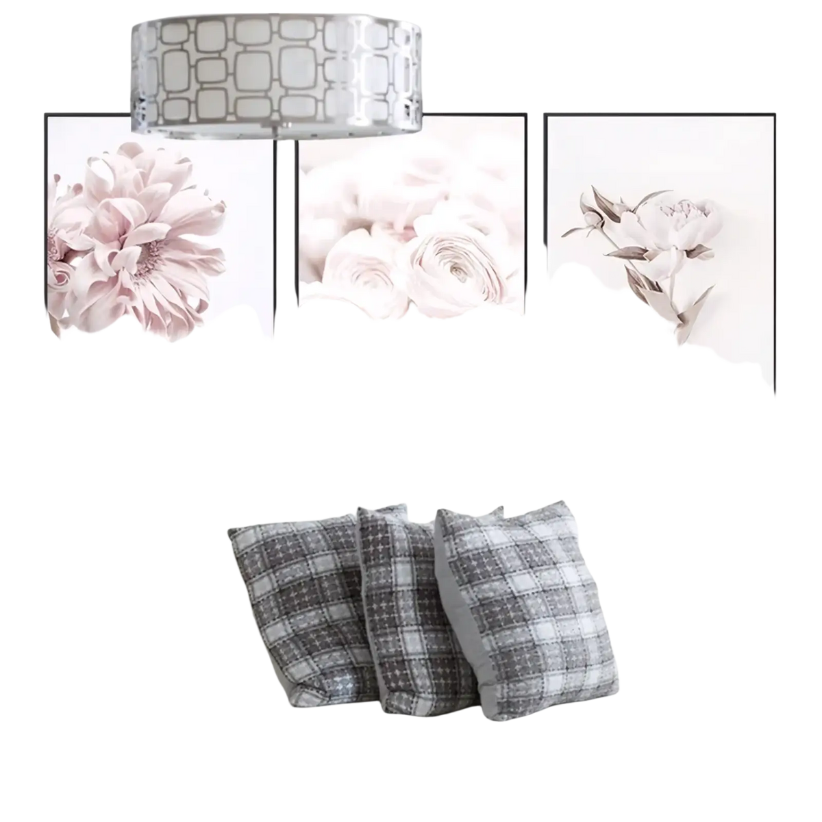 Three framed floral canvas wall art pieces with soft pink and white peony prints in minimalist black frames