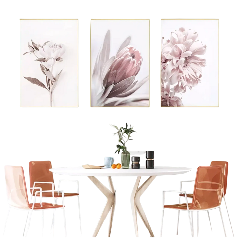 Set of three framed floral canvas wall art peony prints with soft pink muted tones and delicate botanical detail