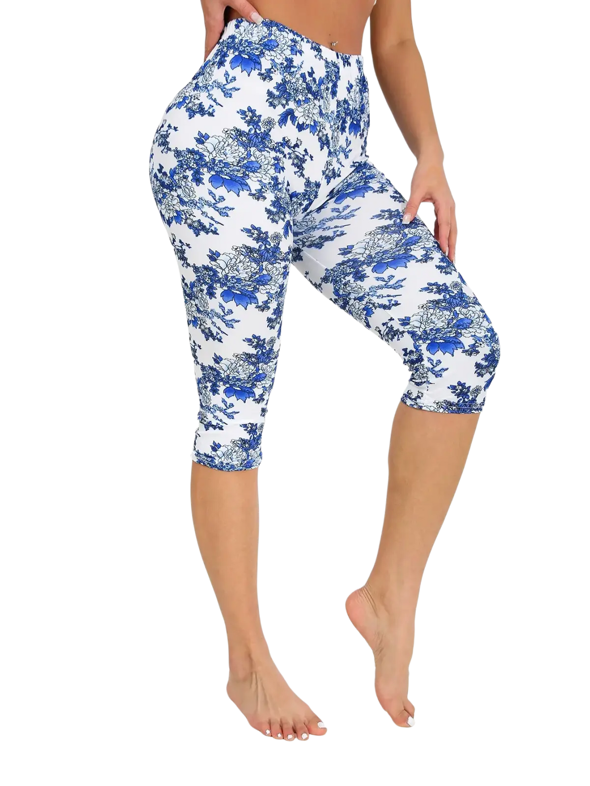 Blue and white floral patterned capri yoga leggings designed for comfort and flexibility during exercise