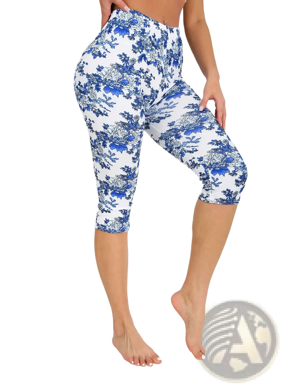 Blue and white floral patterned capri yoga leggings designed for comfort and flexibility during exercise