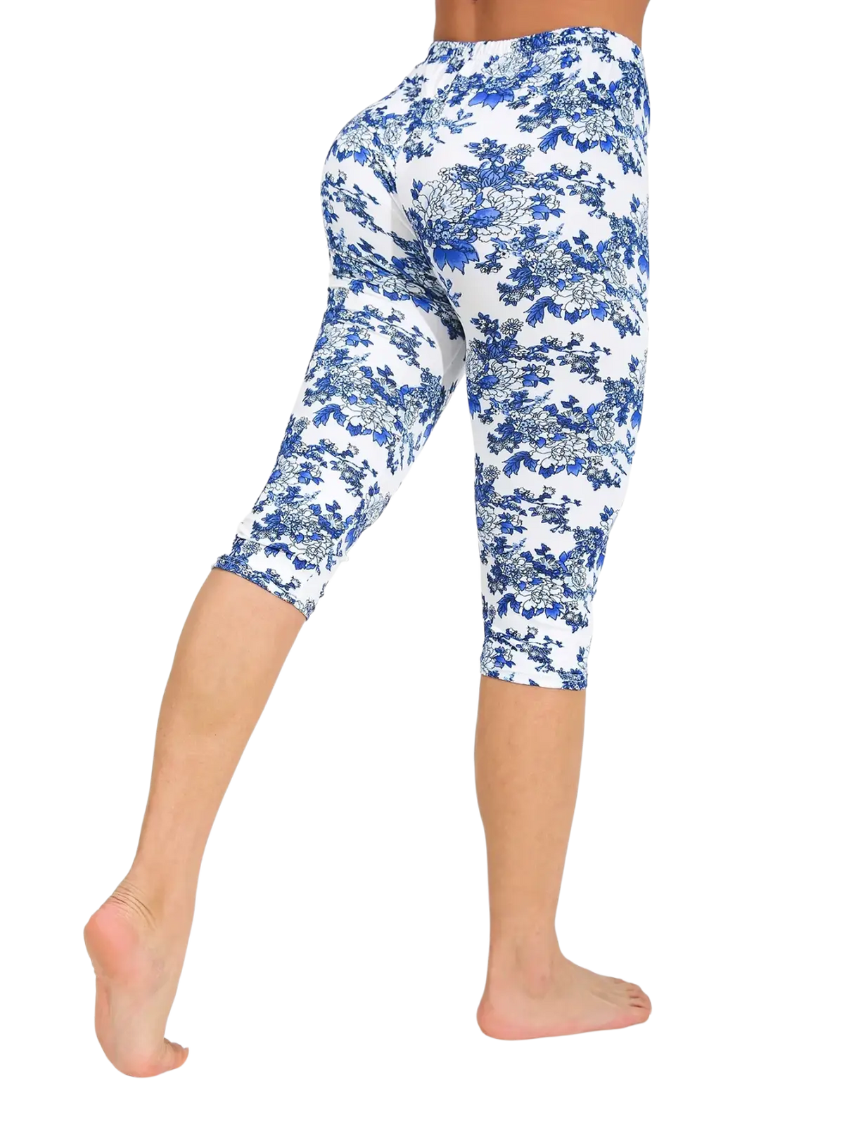 White floral capri yoga leggings with blue pattern designed for comfortable activewear use