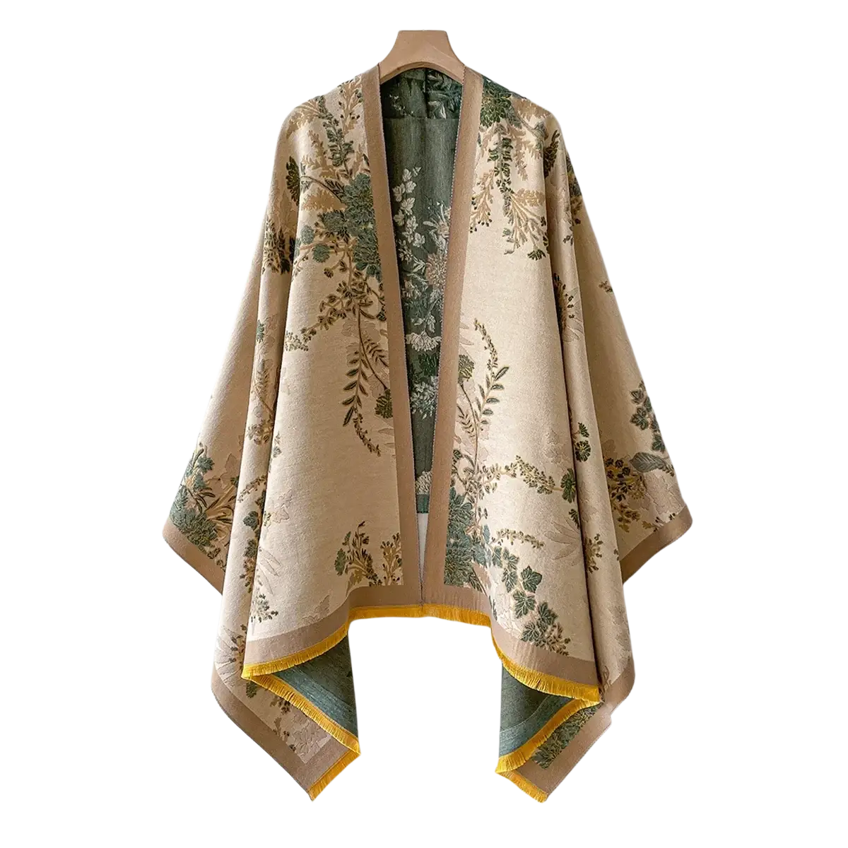 Beige and green botanical-patterned floral cashmere winter scarf shawl with yellow fringe trim made of silk