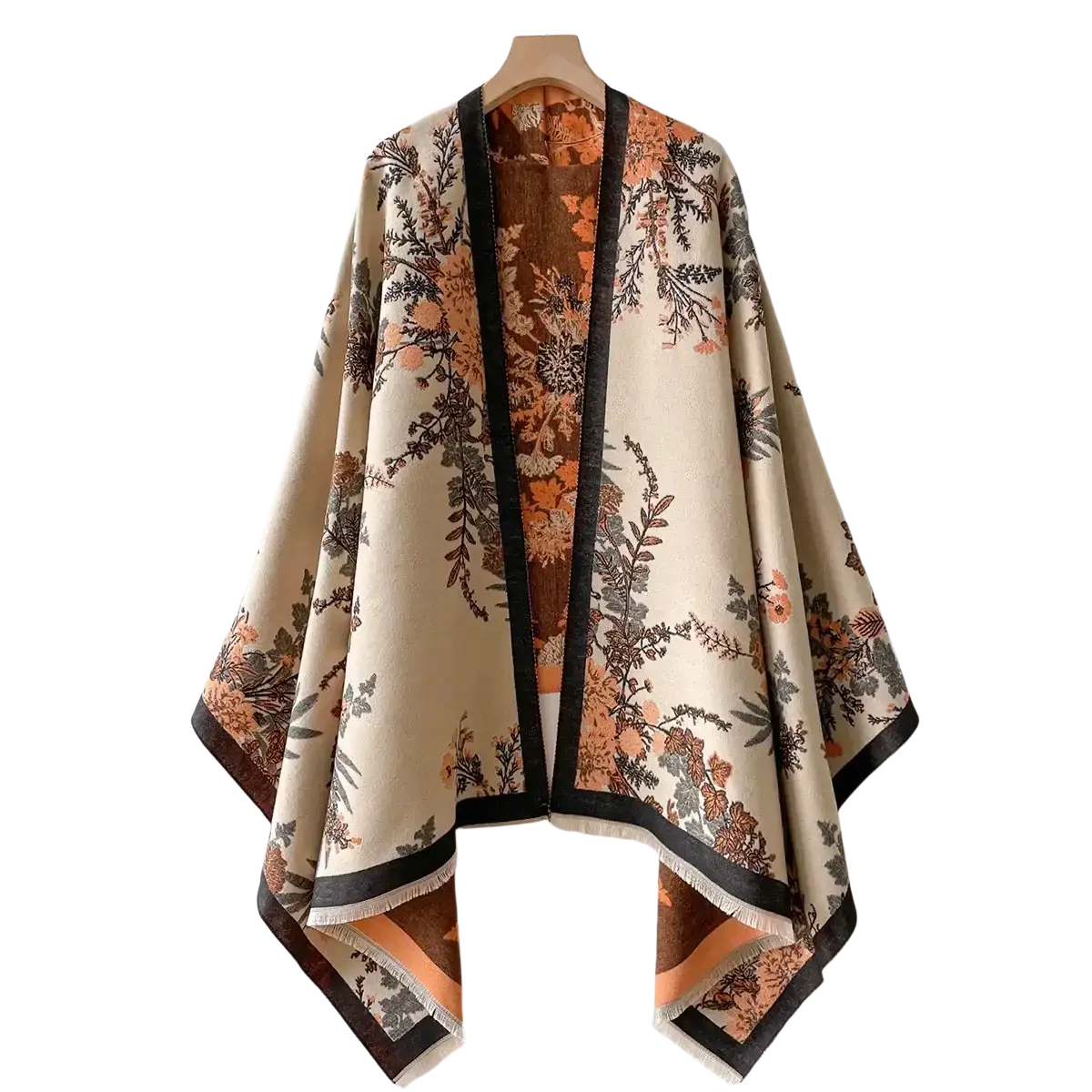 Beige floral-patterned woolen winter scarf shawl with black trim and fringed edges for cold weather use