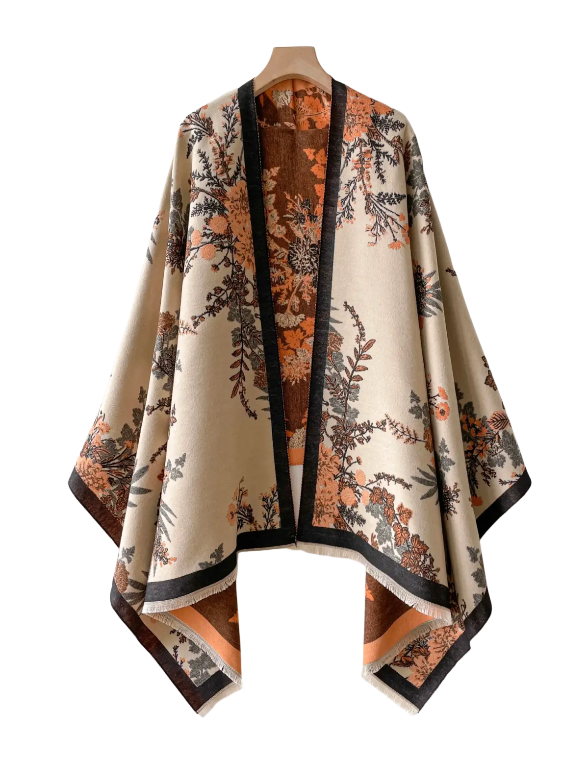 Beige floral-patterned cashmere woolen winter scarf shawl with black trim and fringed edges for cold weather