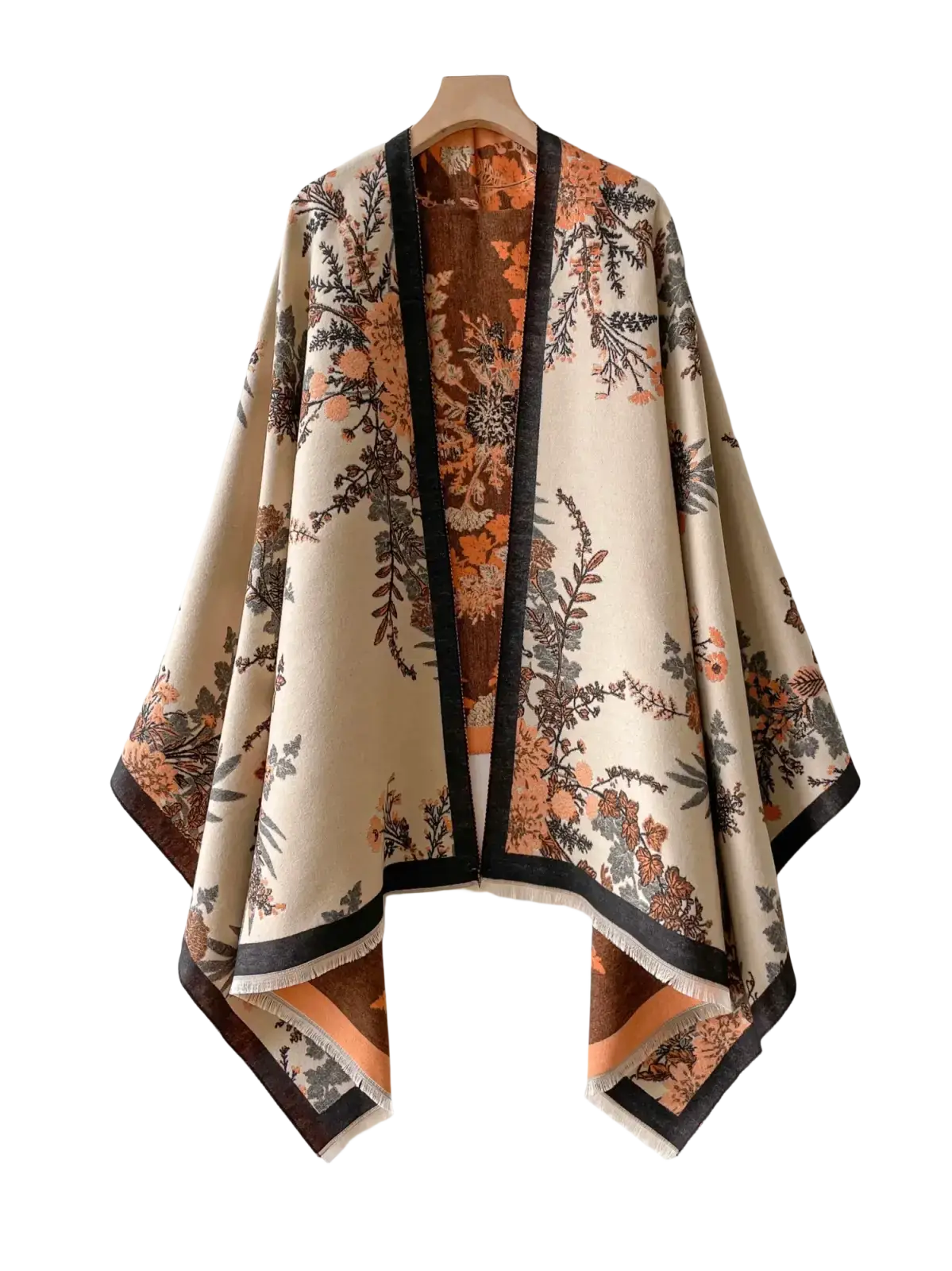 Beige floral-patterned cashmere winter scarf shawl with black trim and fringed edges for cold weather use