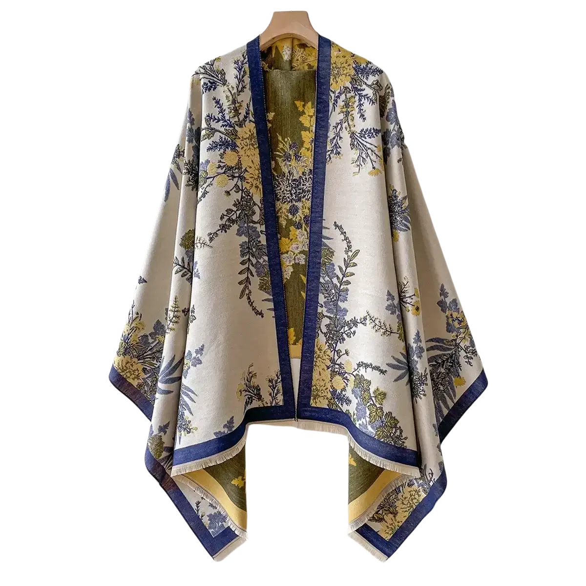 Cream-colored floral cashmere winter scarf shawl with navy and yellow pattern and dark blue trim edges