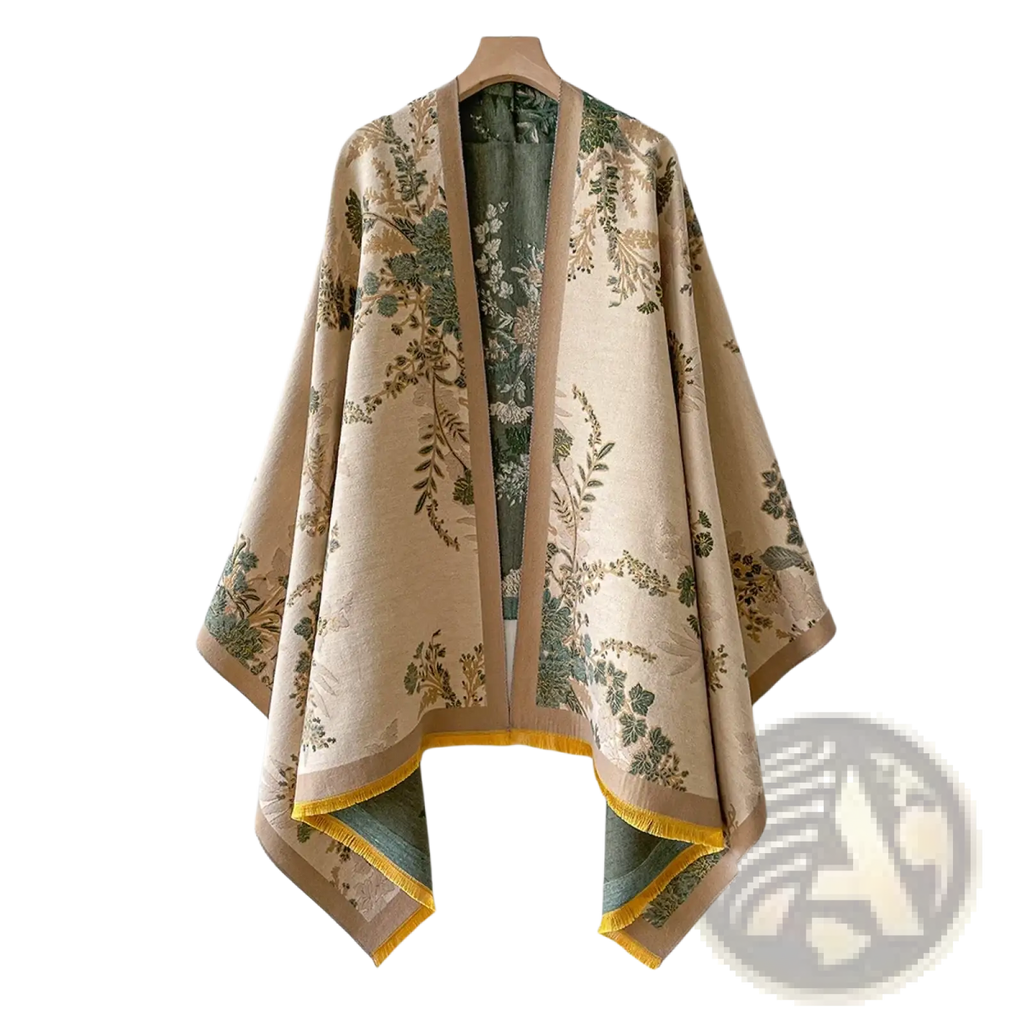 Beige and green botanical-patterned floral cashmere winter scarf shawl with yellow fringe trim made of silk