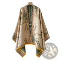 Beige and green botanical-patterned floral cashmere winter scarf shawl with yellow fringe trim made of silk