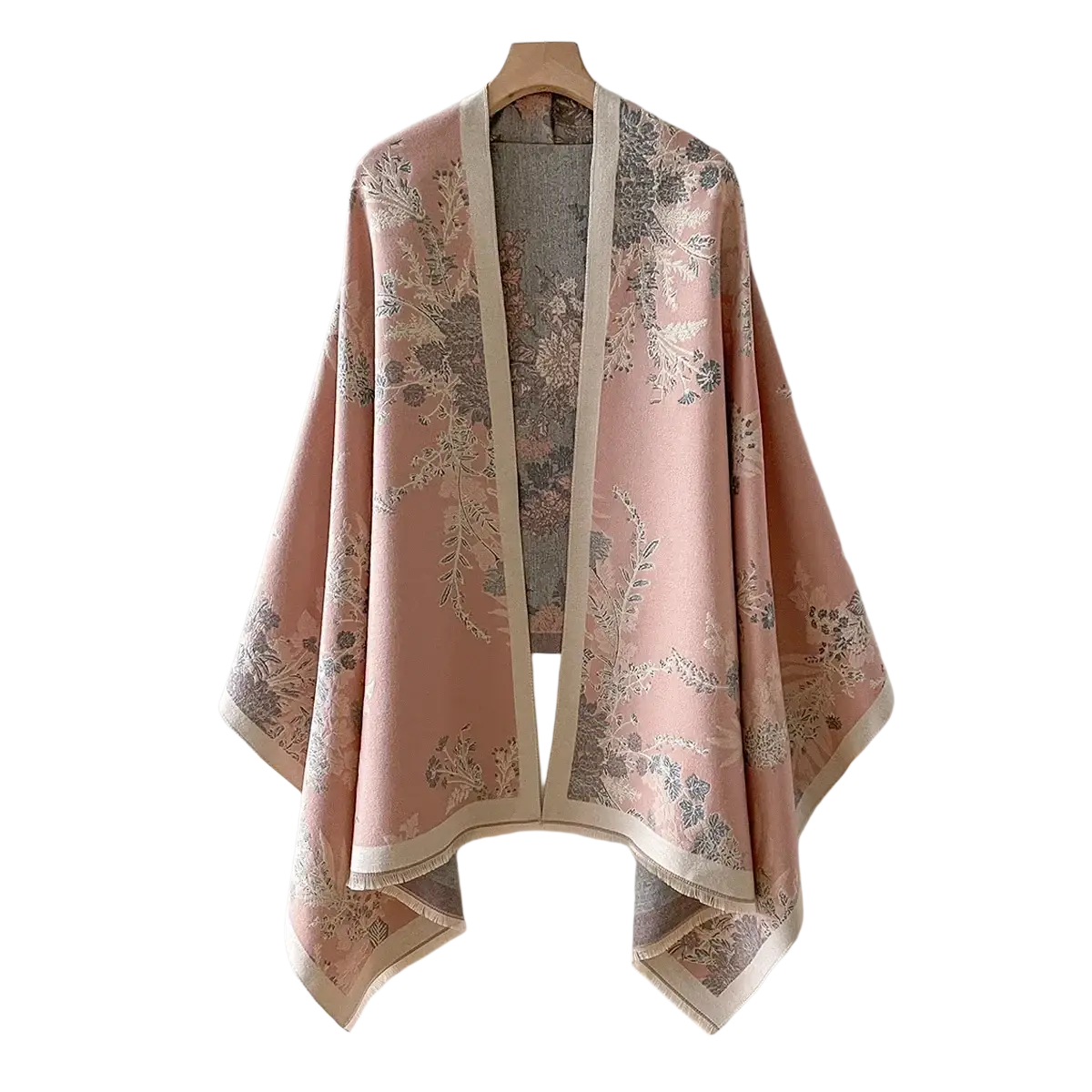 A soft pink cashmere floral winter scarf shawl with gray and cream embroidery and a contrasting beige border