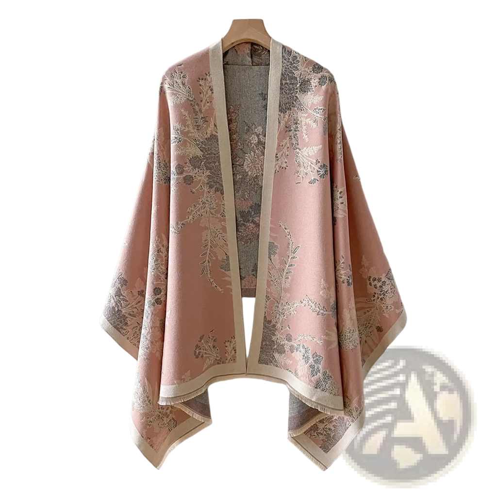 A soft pink cashmere floral winter scarf shawl with gray and cream embroidery and a contrasting beige border