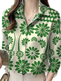 Floral chiffon blouse button down shirt women cream colored with vibrant green floral pattern and white button closures