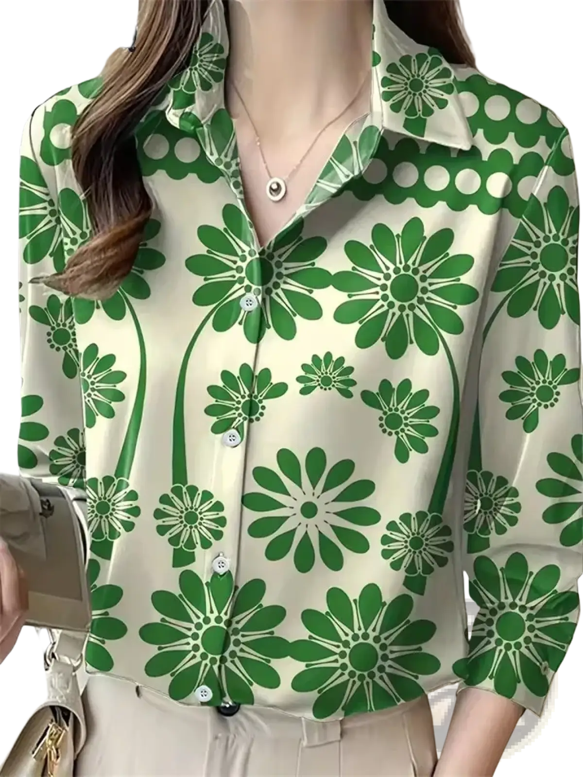 Floral chiffon blouse button down shirt women cream colored with vibrant green floral pattern and white button closures
