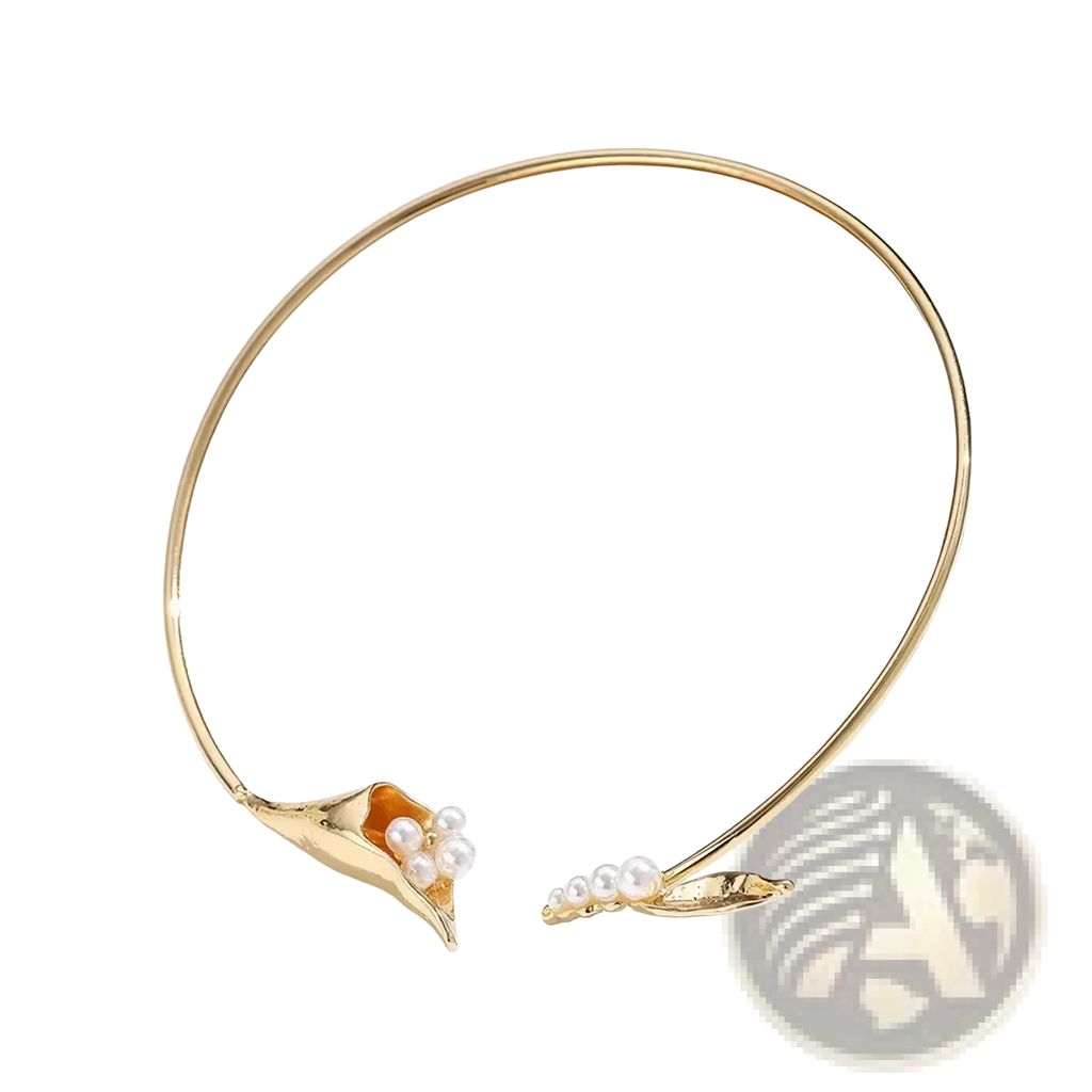 Gold-toned floral choker necklace with delicate calla lily design featuring white pearls and an orange accent stone