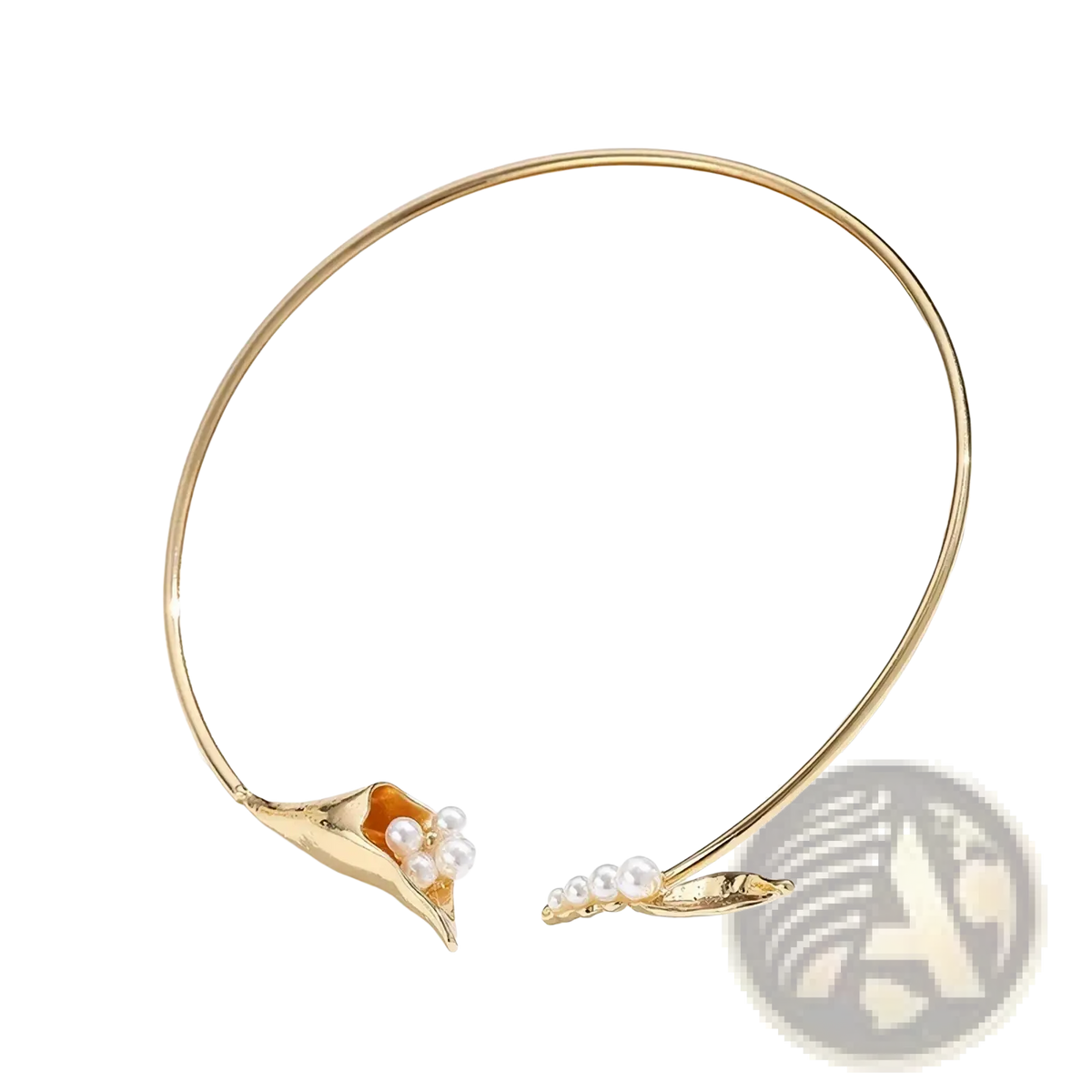 Gold-toned floral choker necklace with delicate calla lily design featuring white pearls and an orange accent stone