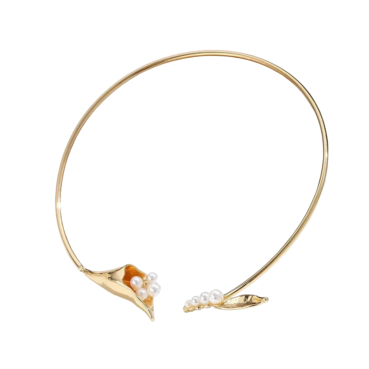 Gold-toned floral choker necklace with delicate calla lily design featuring white pearls and an orange accent stone