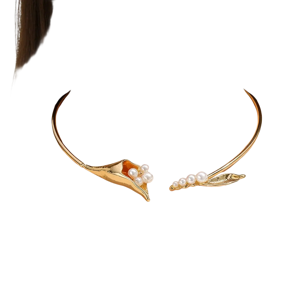 Gold-toned floral choker necklace with shell and leaf design adorned with white pearls for elegant wear