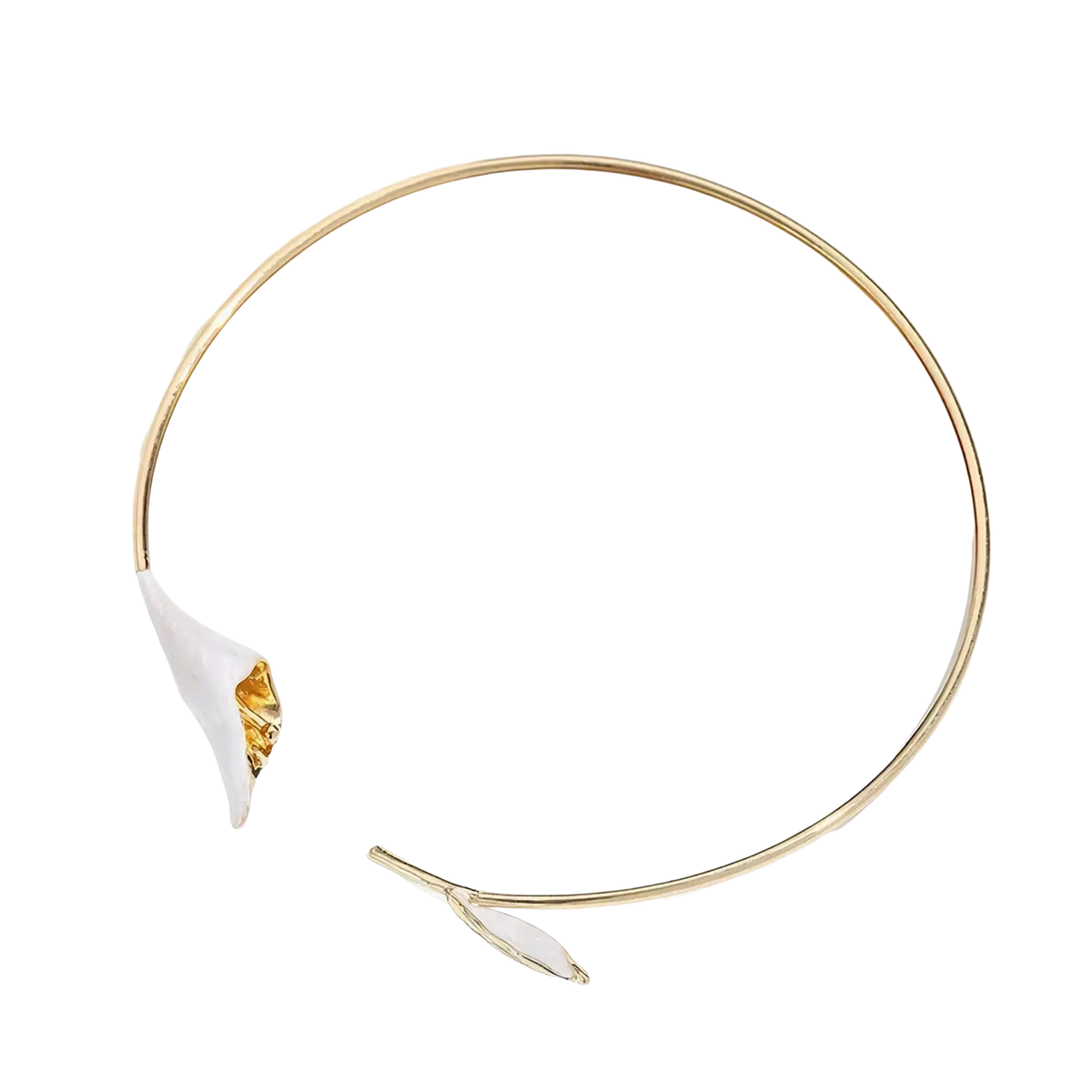 Gold-toned floral choker necklace with delicate white calla lily and leaf accents in a pearl flower collar design