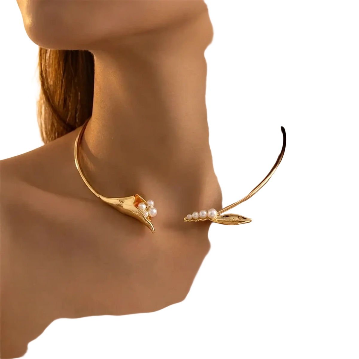 Gold-toned floral choker necklace featuring an elegant shell and leaf design adorned with small pearls