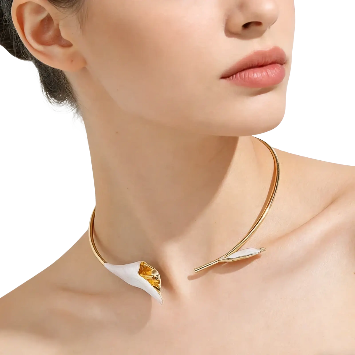 Gold-toned floral choker necklace with delicate white and amber calla lily design featuring pearl accents