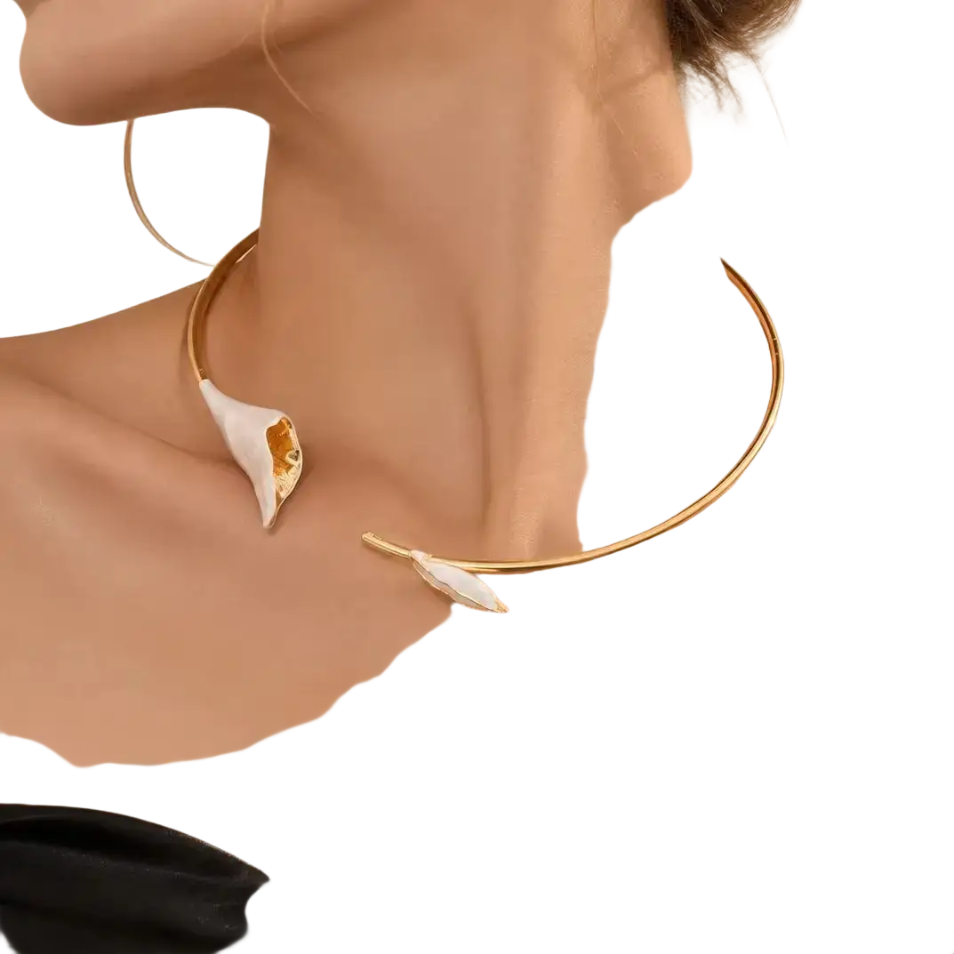 Gold-toned floral choker necklace with a delicate white calla lily and leaf pendant pearl flower collar