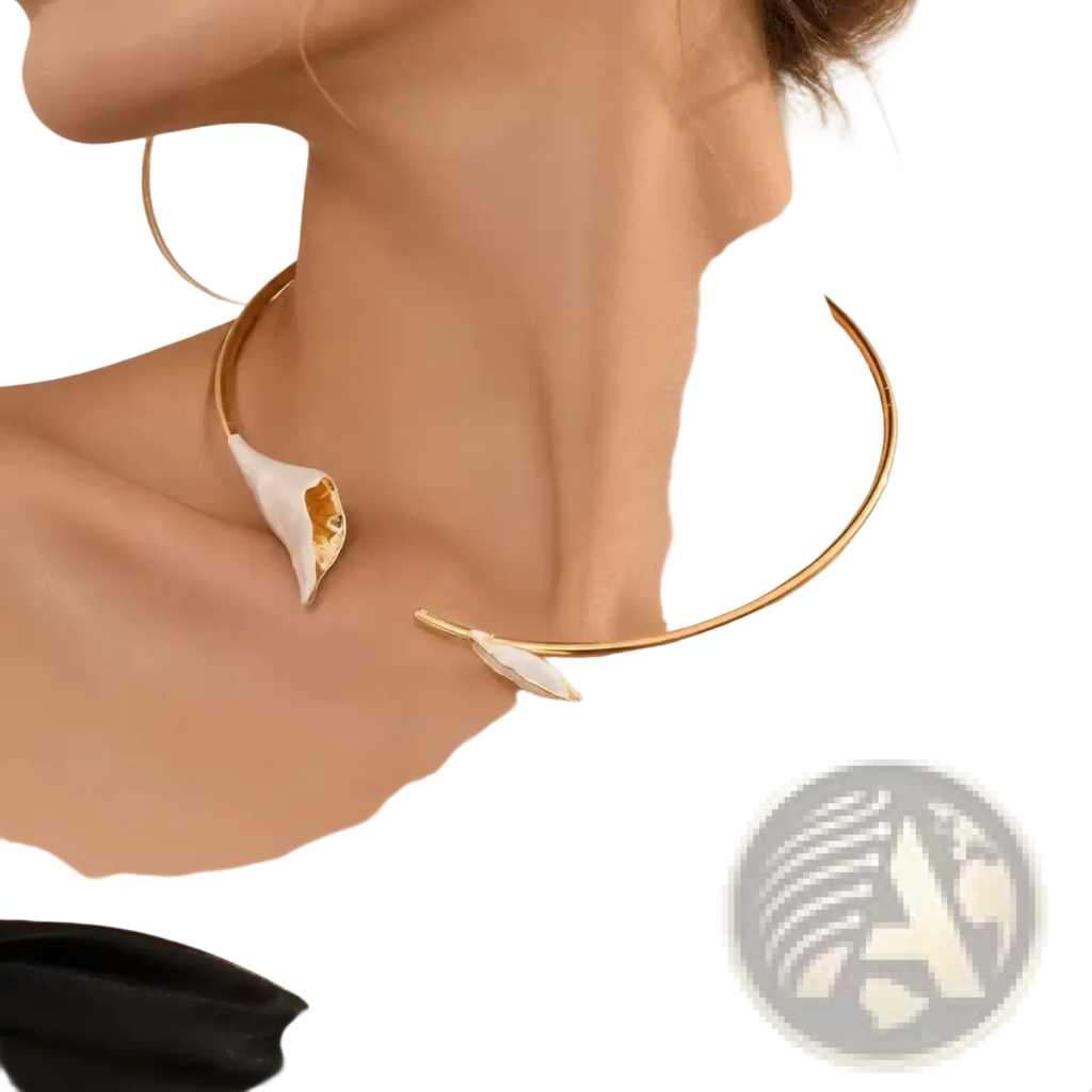 Gold-toned floral choker necklace with a delicate white calla lily and leaf pendant pearl flower collar