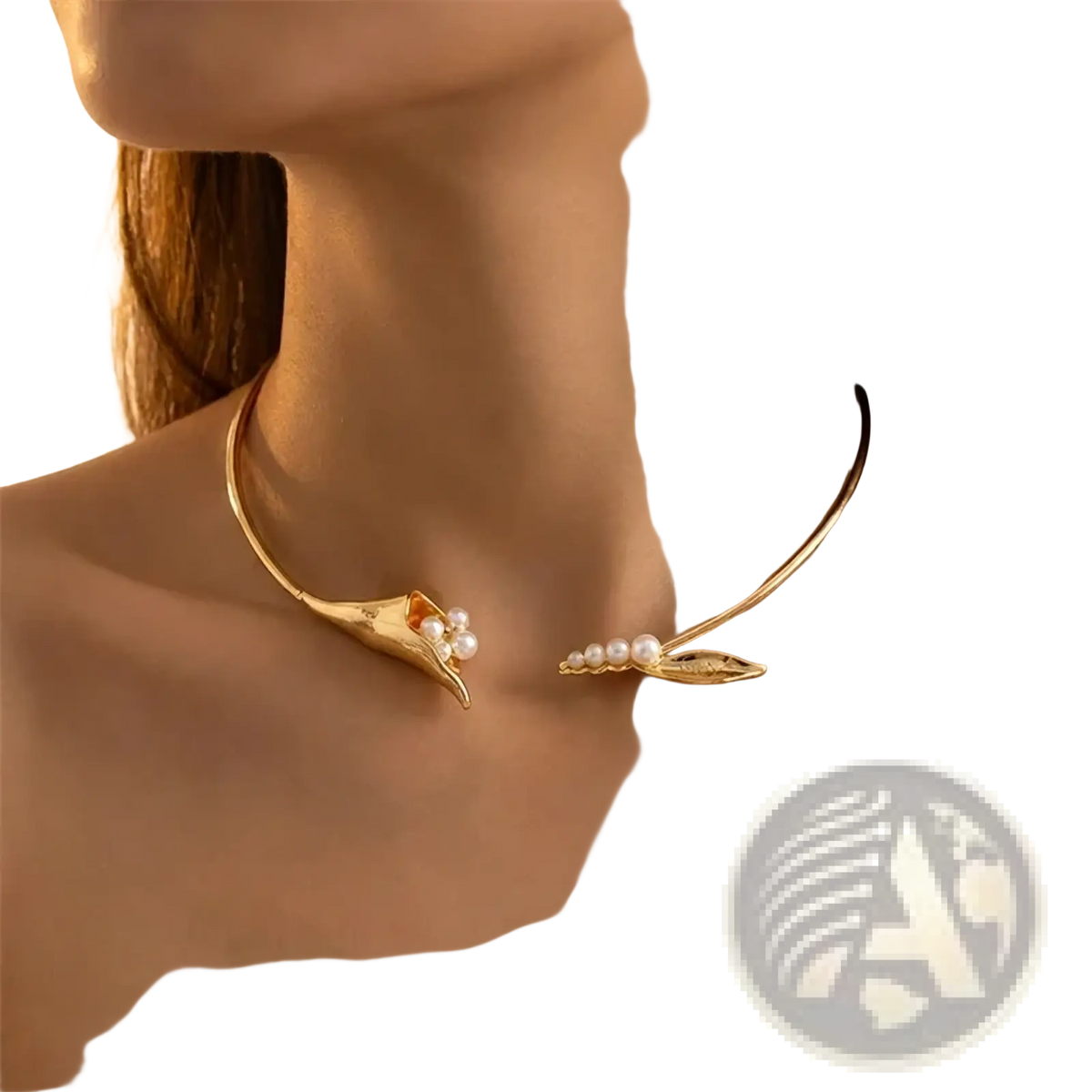 Gold-toned floral choker necklace featuring an elegant shell and leaf design adorned with small pearls