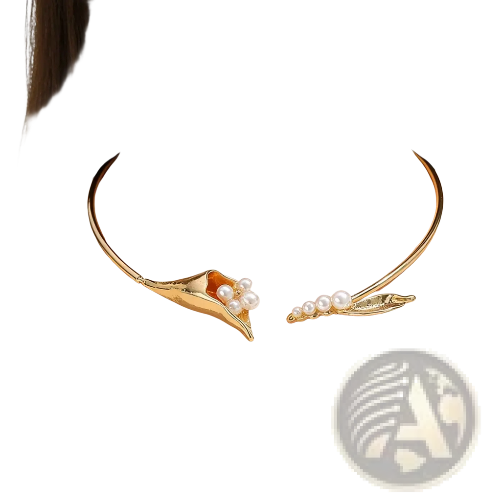 Gold-toned floral choker necklace with shell and leaf design adorned with white pearls for elegant wear