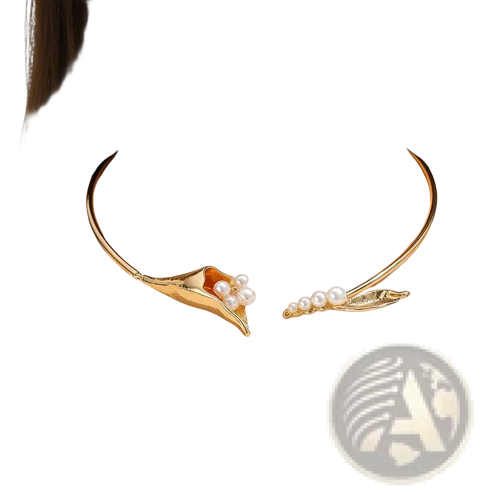 Gold-toned floral choker necklace with shell and leaf design adorned with white pearls for elegant wear