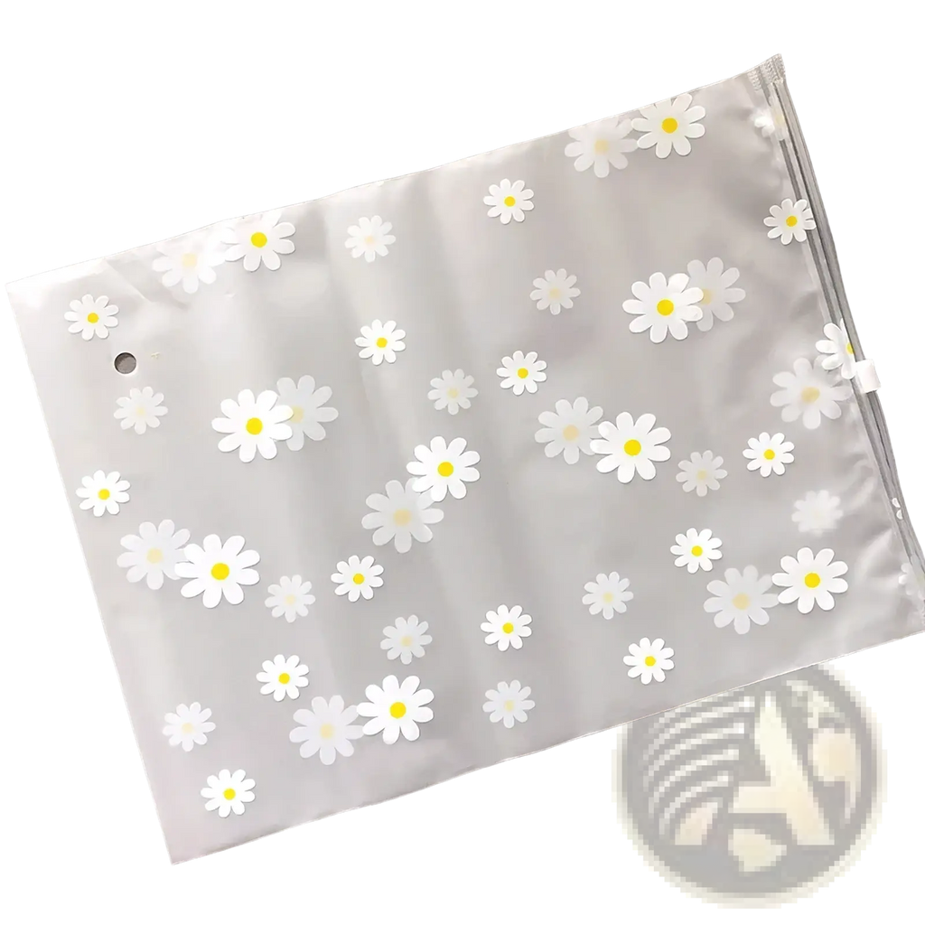 Floral clear travel cosmetic bag with translucent white plastic, white daisy pattern, and clear zipper closure